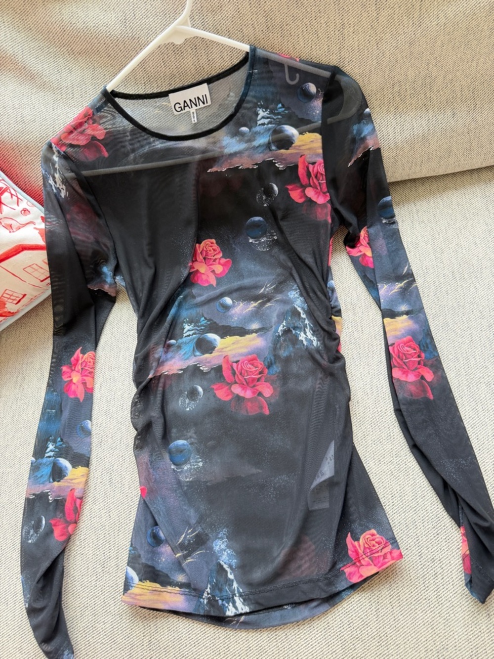 Ganni Black Mesh Long-Sleeve Top with Pink Rose Print